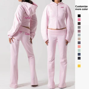 Manufacturer Women's Organic Cotton Full Zip Hoodie and Sweatpants Set Breathable Eco-Friendly Crop Top with Print Hoodies