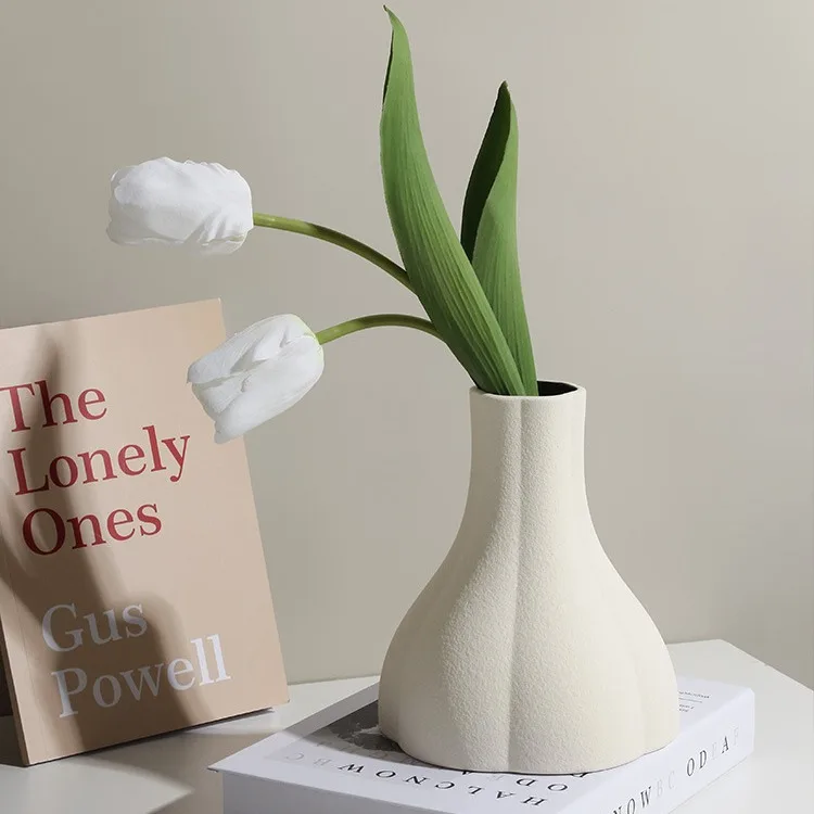 White Ceramic Vase with Textured Matte Finish Minimalist Modern Home Decor Living Room Flower Arrangement Tabletop Accent