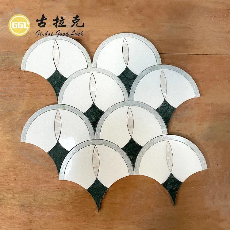 New Fan Shape Marble Sea Shell Inlay White and Green Marble Waterjet Mosaic Tile for Home and Hotel Decoration supplier