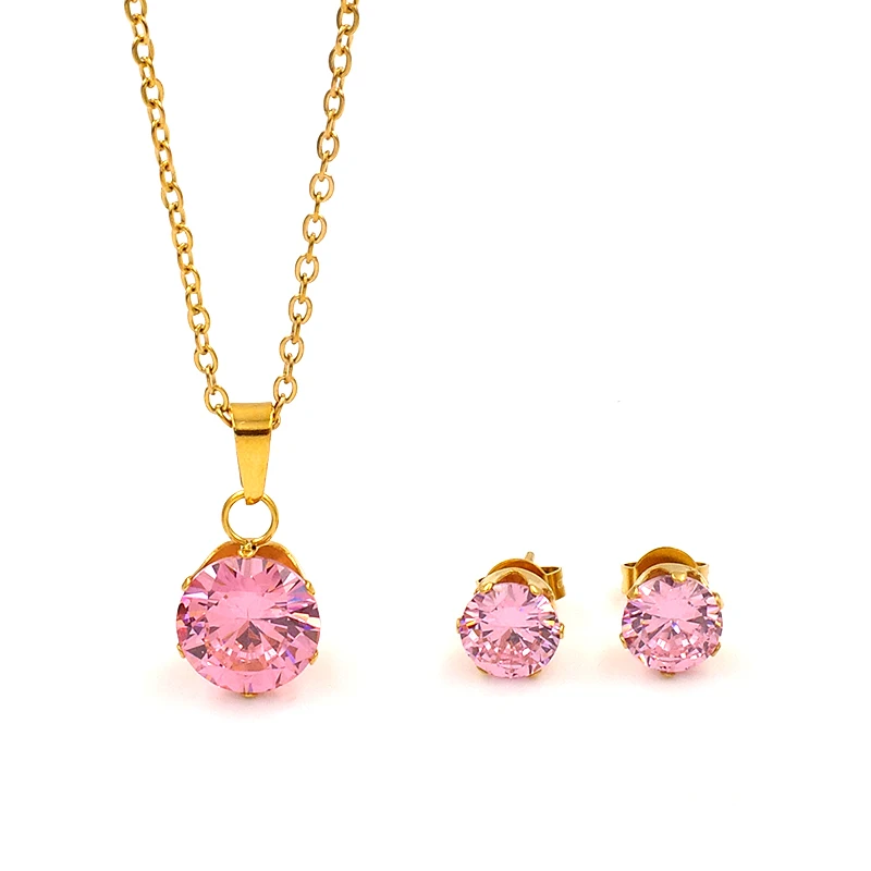 Fashion Stainless Steel Claw Setting Round Multicolor 3A Cubic Zirconia Necklace Earrings Jewelry Set  for Woman Italian Jewelry
