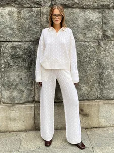 Cross-border Luxury Woven Nylon/Cotton Patchwork Anti-Wrinkle Lapel Sweater Wide-leg Pants Two-piece Set  Autumn Winter New