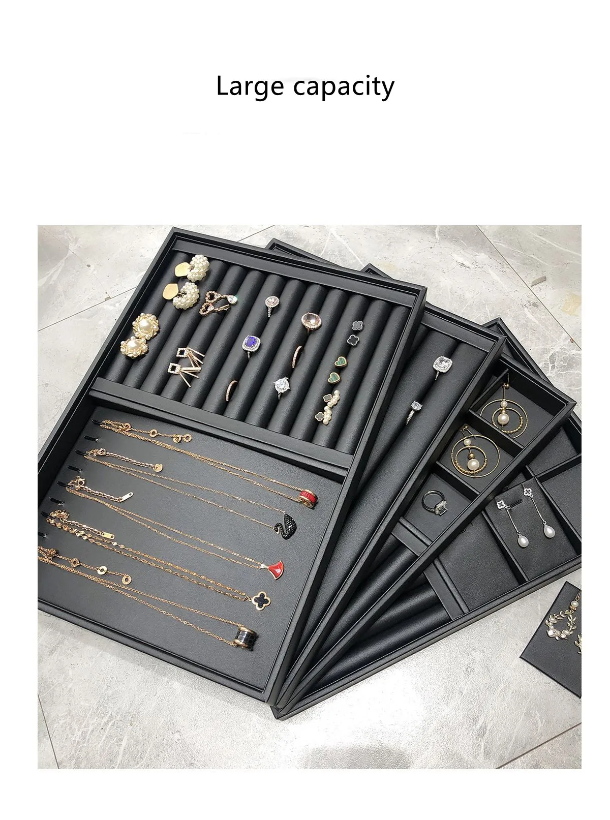 Luxury Black Leather Jewelry Display Tray For Counter Display Pu