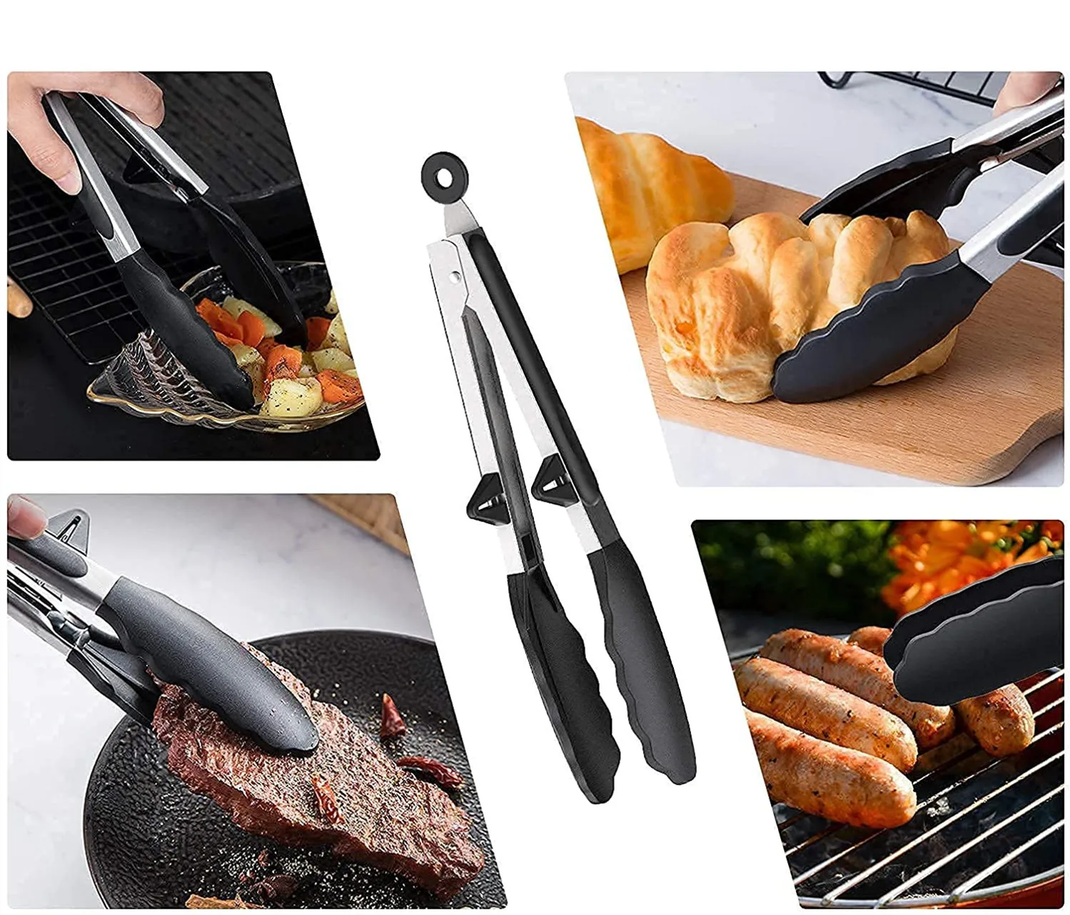 Non-Stick Silicone Food Tongs with Wood Grip Kitchen Cooking Tongs Custom Utensils Set for Baking BBQ USSE Brand Model USSE205 factory
