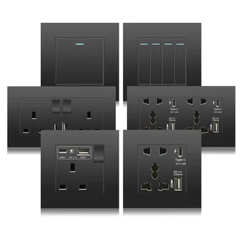 Black 13A Wall Socket with USB Type C 18W Quick Charge Plug Socket,Wall power outlet with USB charger, UK switch with socket