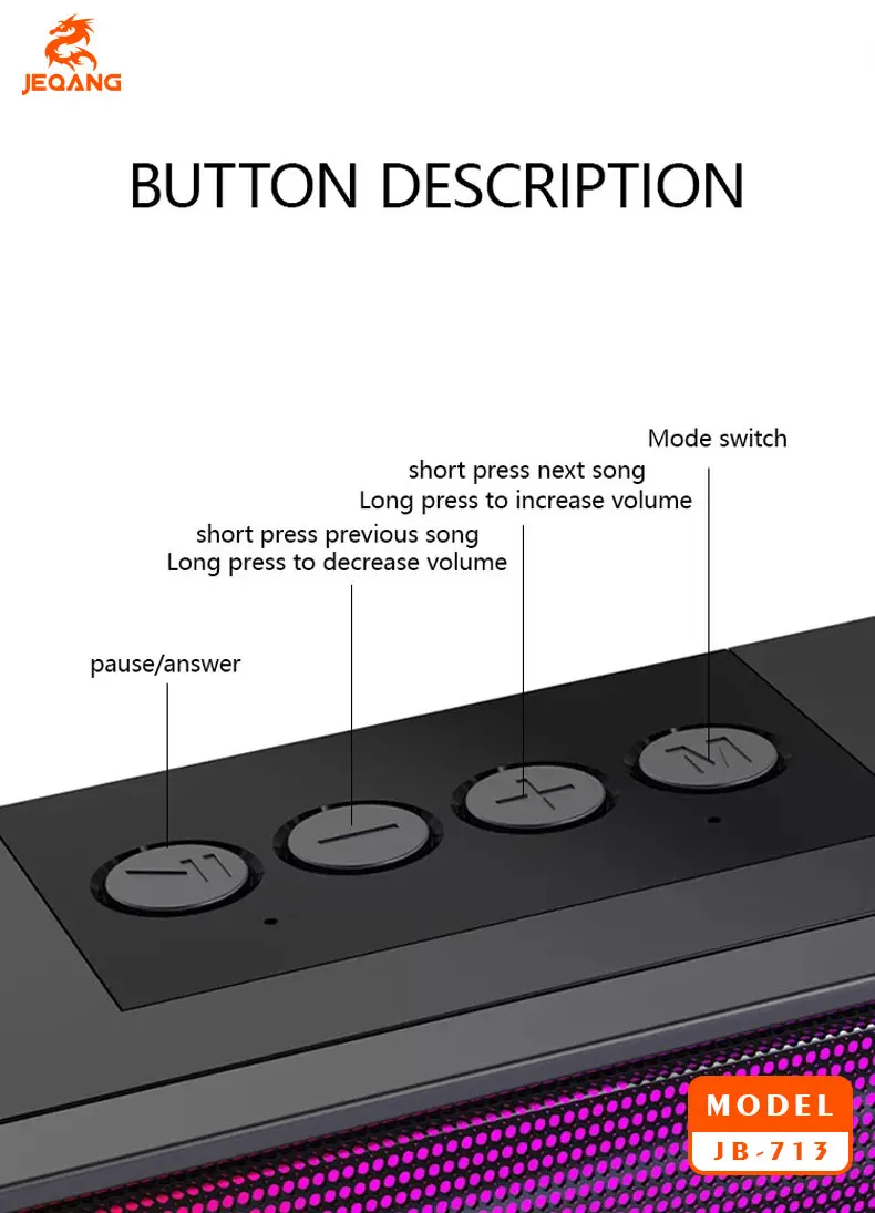 Jeqang JB-713 Modern Portable Wireless RGB Sound Bar Waterproof Computer Speakers USB Aux Communication Plastic for Outdoor Use