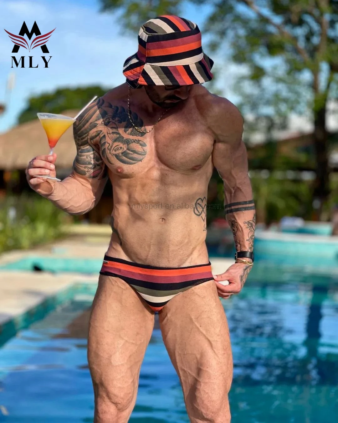 Customized Design Swimwear Stretchy Fabric Striped Mens Swimming Briefs Shorts for Men