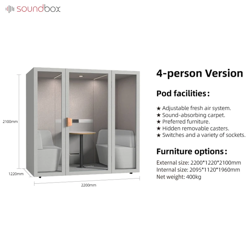 Soundbox 4 Person Quiet Pod Office Meeting Portable Privacy Working Pod Soundproof Acoustic Cabin Booth