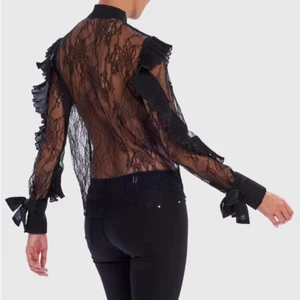 Custom Colors Shirt Ladies Fashion Trumpet Sleeve Bow Collar Women Lace Satin Transparent  Sexy Black Shirt Top Blouse