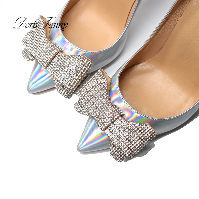 Doris Fanny Pointed Toe Sexy High Heels Stiletto Women's Shoes Bowtie  Crystals Wedding Shoes for Bride Silver