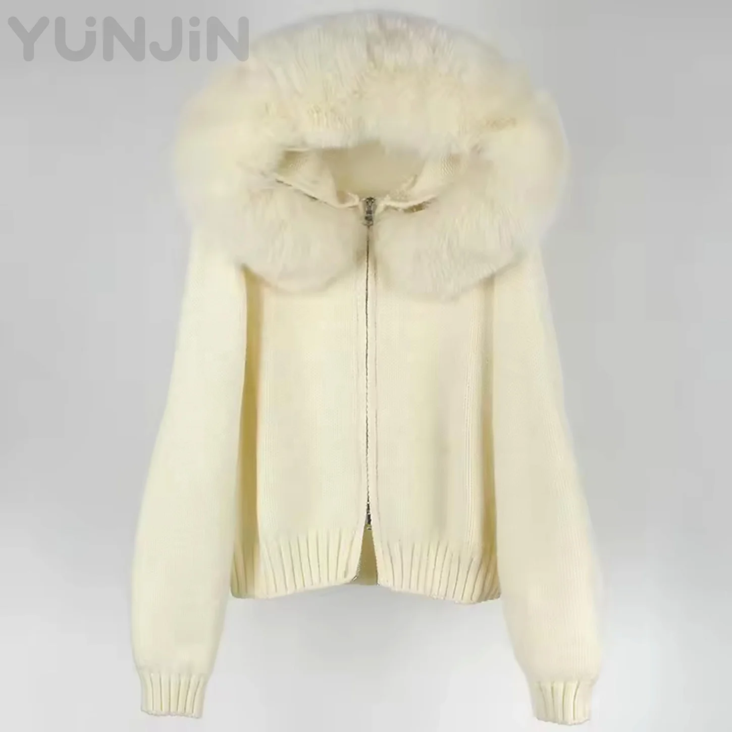 Autumn Real Fox Fur Trim Hood Women's Knit
