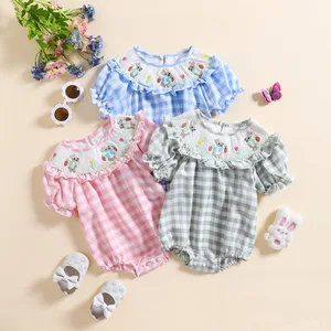 Custom Baby Girls Summer Casual Cotton ODM Elegant Short Sleeve Embroidery Shirred Smocked Toddler Rompers