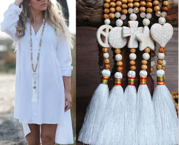 new hand made long wooden prayer beads necklace silk tassel fringe necklace turquoise beads heart star peace sign necklace