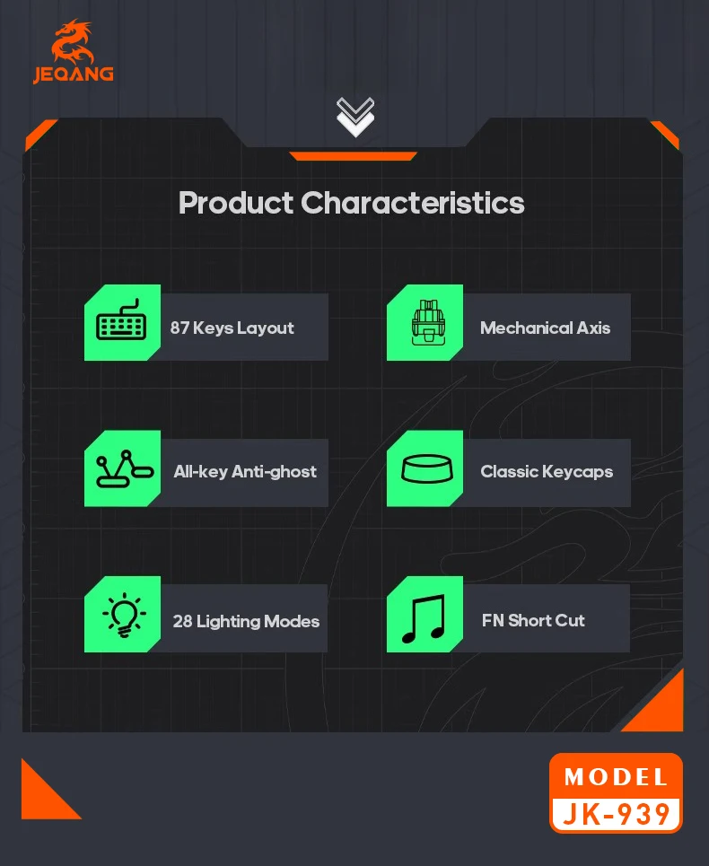 Jeqang JK-939 87-Key Wired Mechanical Keyboard QWERTY Layout with Green Shaft Punk Style for PC Gamers