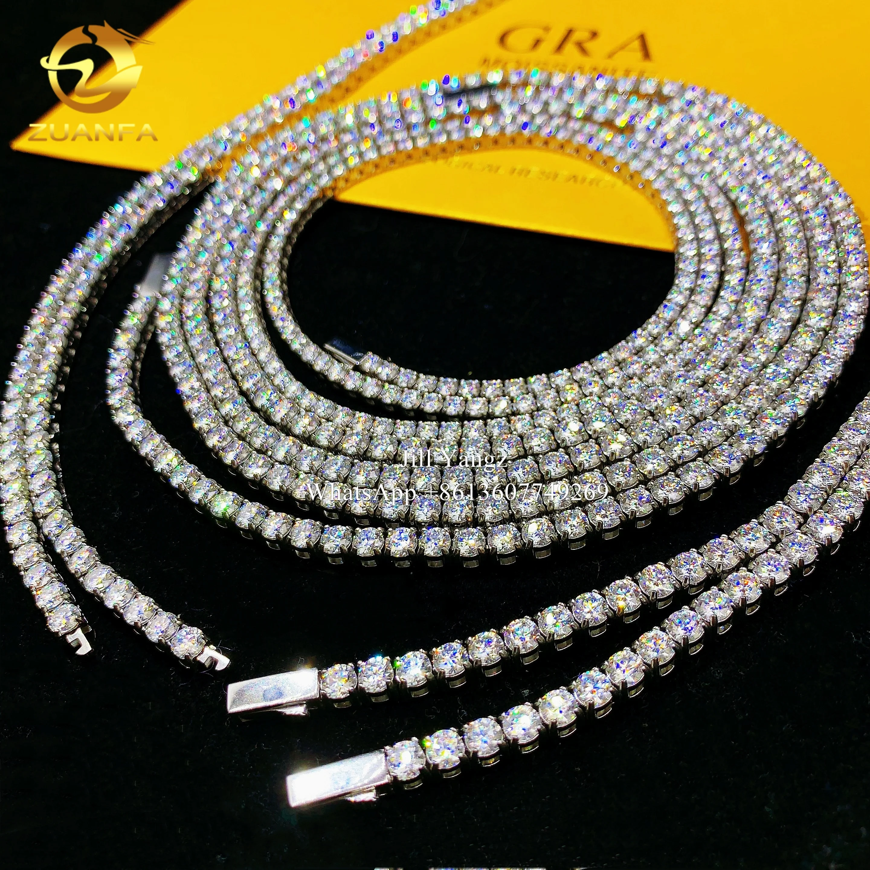 Zuanfa Jewelry Spring Clasp Moissanite Tennis Chain Necklace