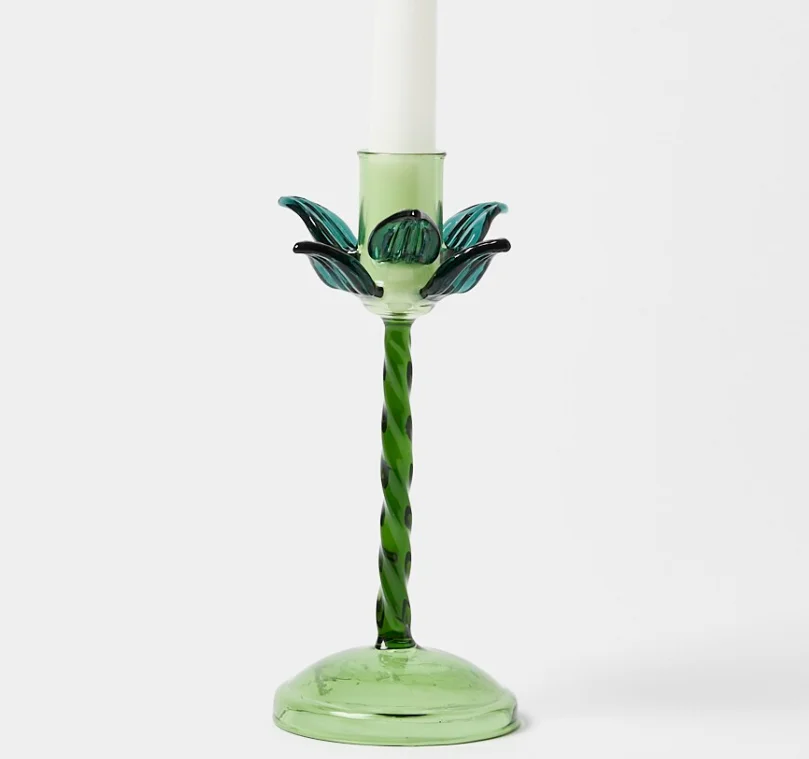 Custom Made Handcrafted Colored Palm Tree Glass Candlestick Holder with Twisted Stick and Tapered Base