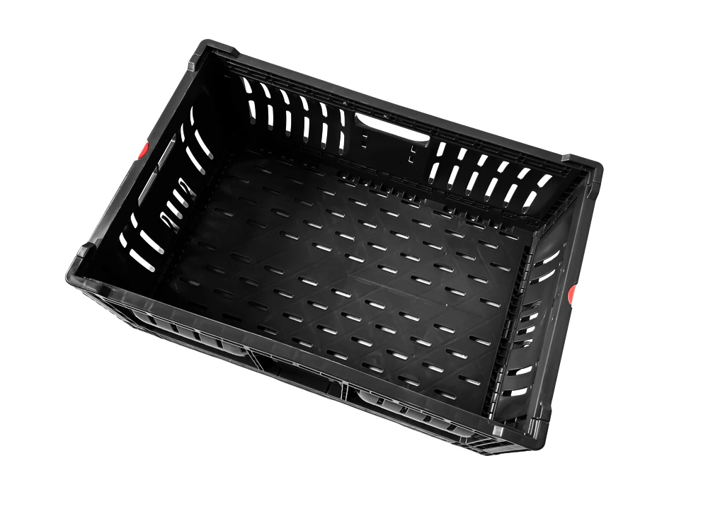 Black 6422 Reusable RPC Vented Type Plastic Crate for Vegetable Fruit Transportation Foldable Stackable Perforated Structure