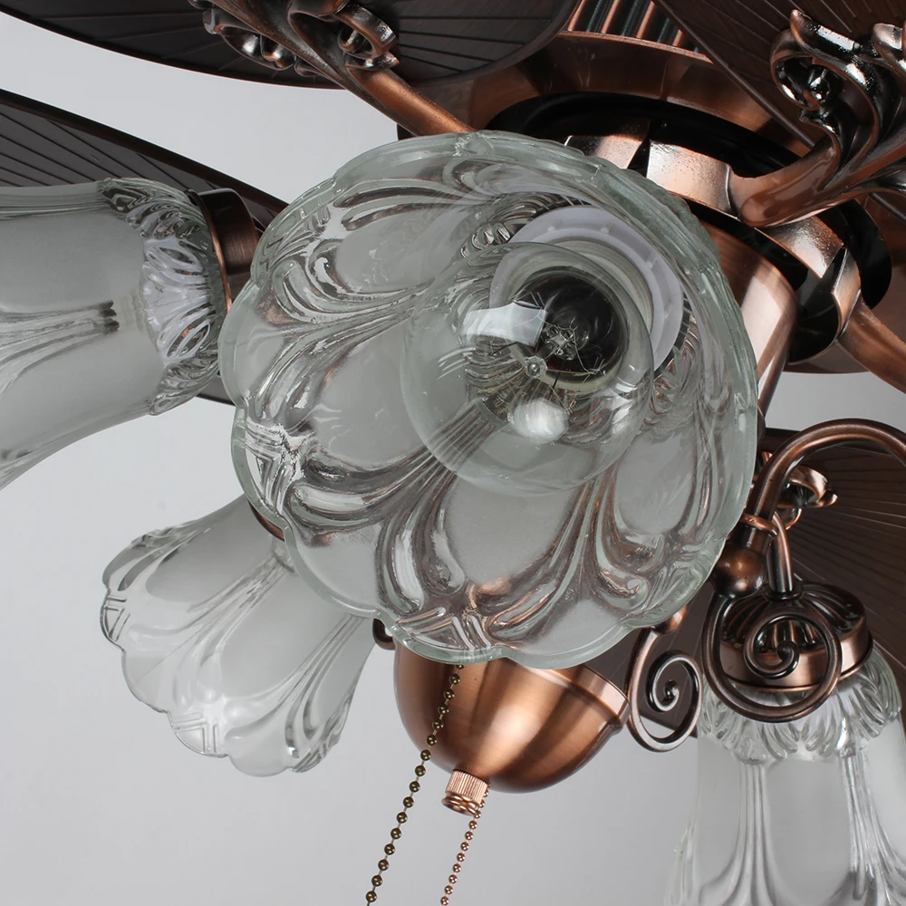 Red Ancient Style LED Ceiling Fan with 5 Wood Blades Remote Control Iron/Stainless Steel Base