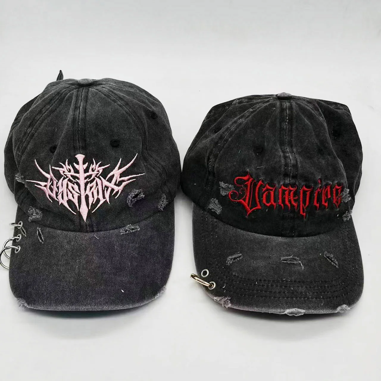 Street Style Iron Ring Torn Holes Fashion Design Washed Vintage Hat Custom Embroidery Logo Hats Men Baseball Caps