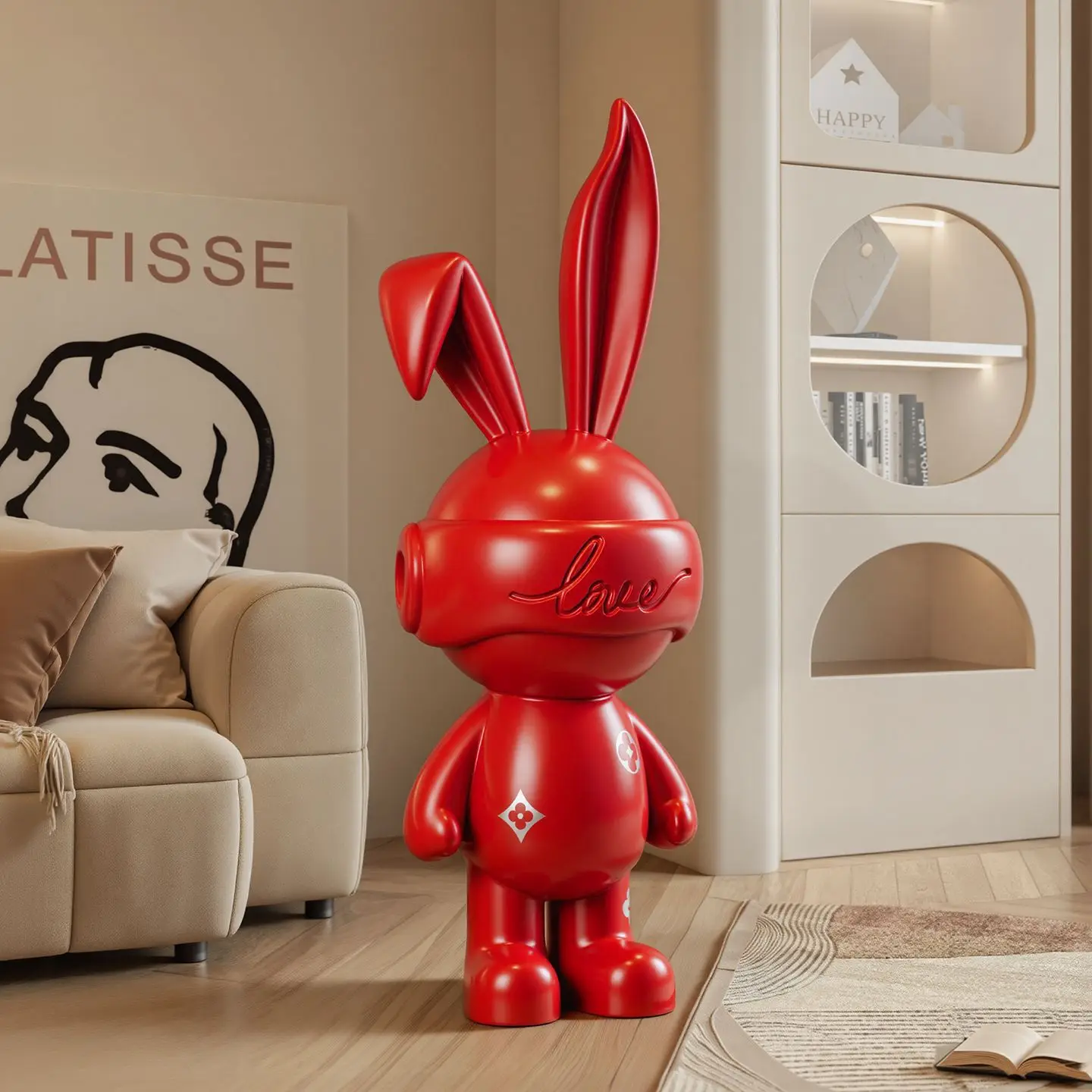Large Beige Bunny Sculpture with Embossed Details Modern Abstract Floor Statue Home Decor Living Room Entryway Statement Piece