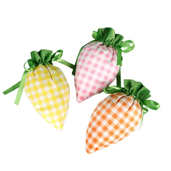 Plaid Velvet Carrot Shape Drawstring Bag Easter Candy Treat Gift Bags With Ribbon For Spring Easter Decorations