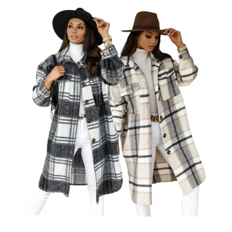 Women's Autumn Eco-Friendly Woolen Blouson Long Coat with Plaid Pattern and Pockets