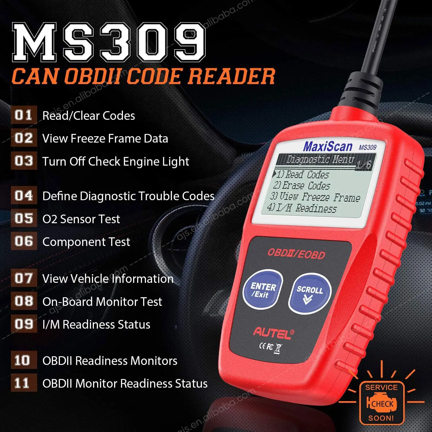 Scanner OBD2 MaxiScan MS309 – Lettura E Cancellazione Codici Errore, Freeze Frame, I/M Readiness, Per Auto EU/US/Asia Dal 1996
