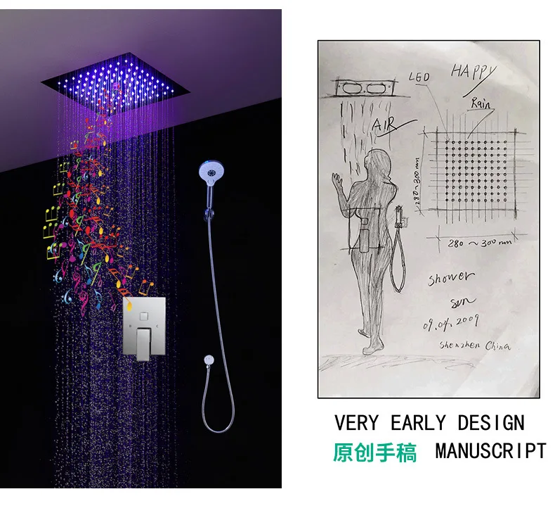 Wr Bathroom Music Shower System Ceiling 16 Inch Led Rain Showerhead 3