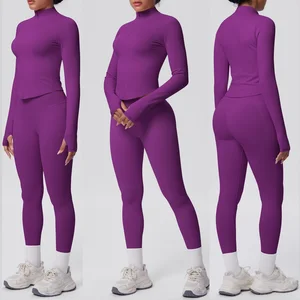 Wholesale Solid Color Slim Long Sleeve Top Breathable Gym Wear Workout Fitness Clothing Women High Waist Seamless Yoga Sets