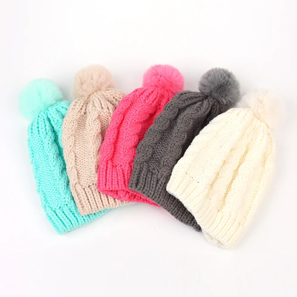 Kids wool ball pullover hat autumn and winter infant warm solid color knitted hat 5 colors