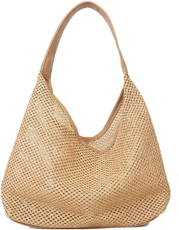 Mesh Tote Bag Handbag Lightweight Leisure Straw Bucket Beach Shopping Shoulder Underarm Bag