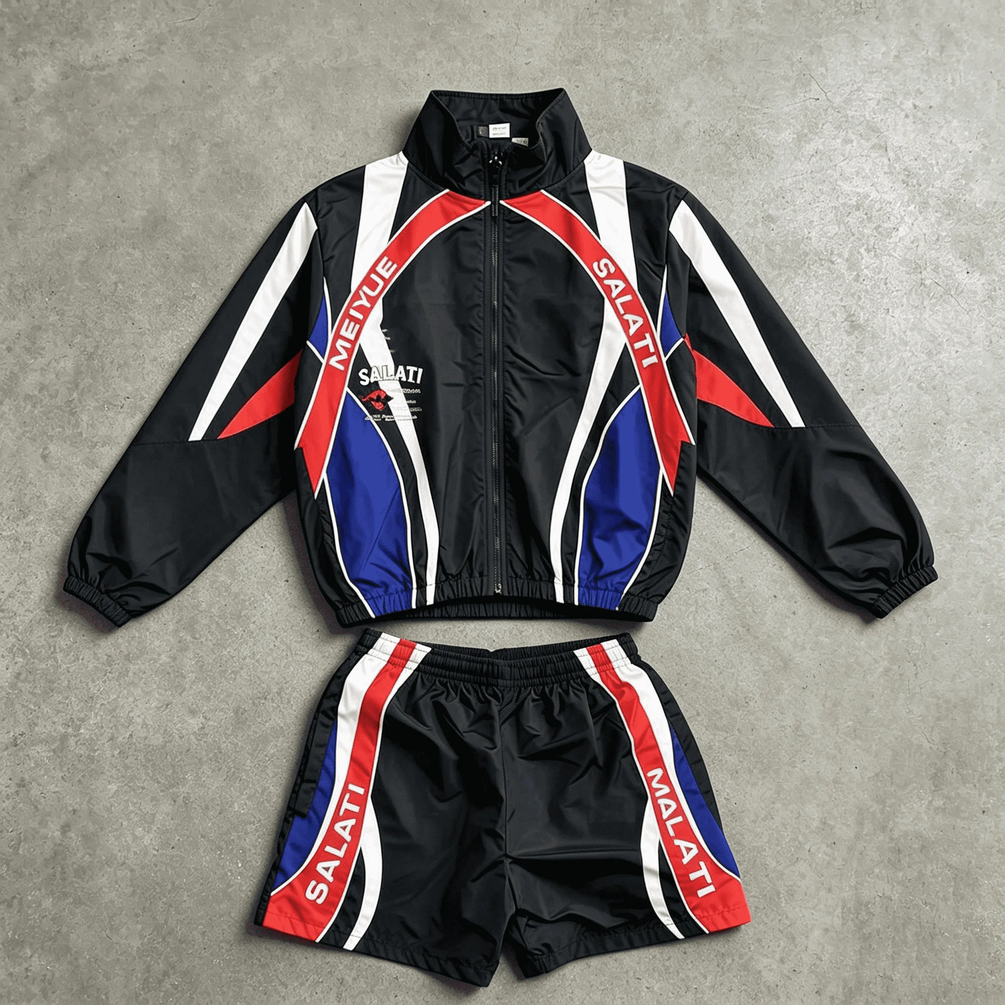 Custom Windbreaker Shorts And Jacket Set For Summer Lightweight Nylon Zip Up Color Block Letter Print Racing Tracksuit gallery 8