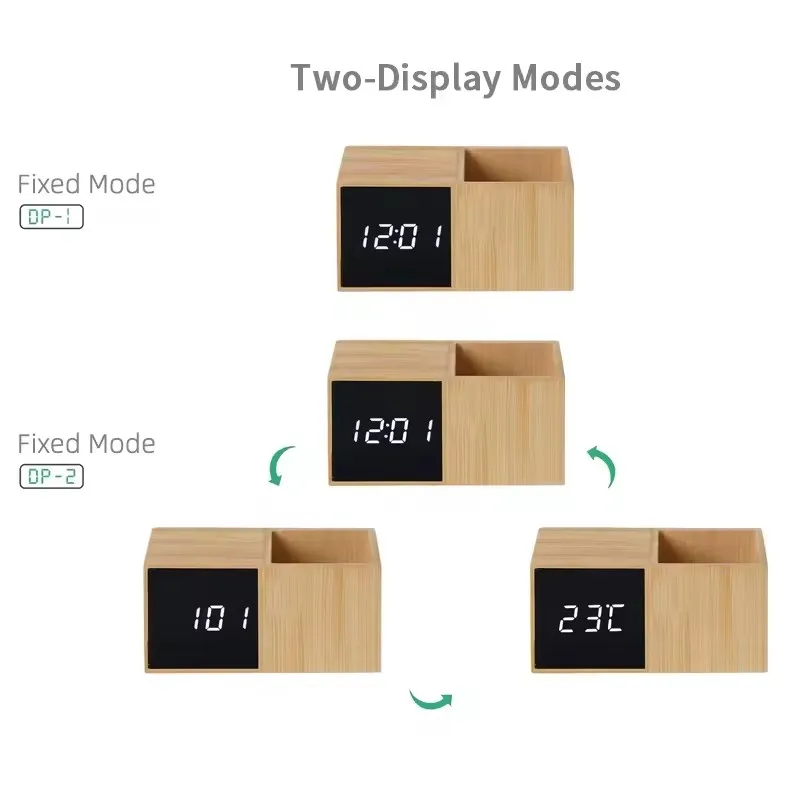 Durable Modern Design Bamboo Acrylic Mirror Surface Time Date Temperature Digital LED Wood Alarm Clock with Pen Holder
