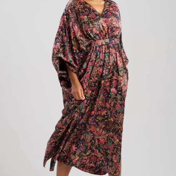 2025 Granada V- Neck Caftan Floral Print Sleeping Wear Muslim Women Loose- Weight Long Dress for Summer Short Sleeve Side Slits