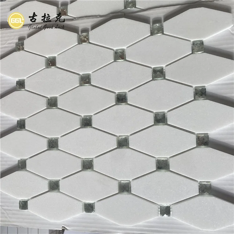 Nature Thassos White Marble With Crystal Glass Long Hexagon Pattern Wall Decoration Mosaic Tiles factory