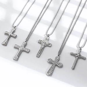 Original Design Simple Men's Stainless Steel Jesus Cross Pendant Necklace IP Plated Bead Chain Trendy Christian Wholesale