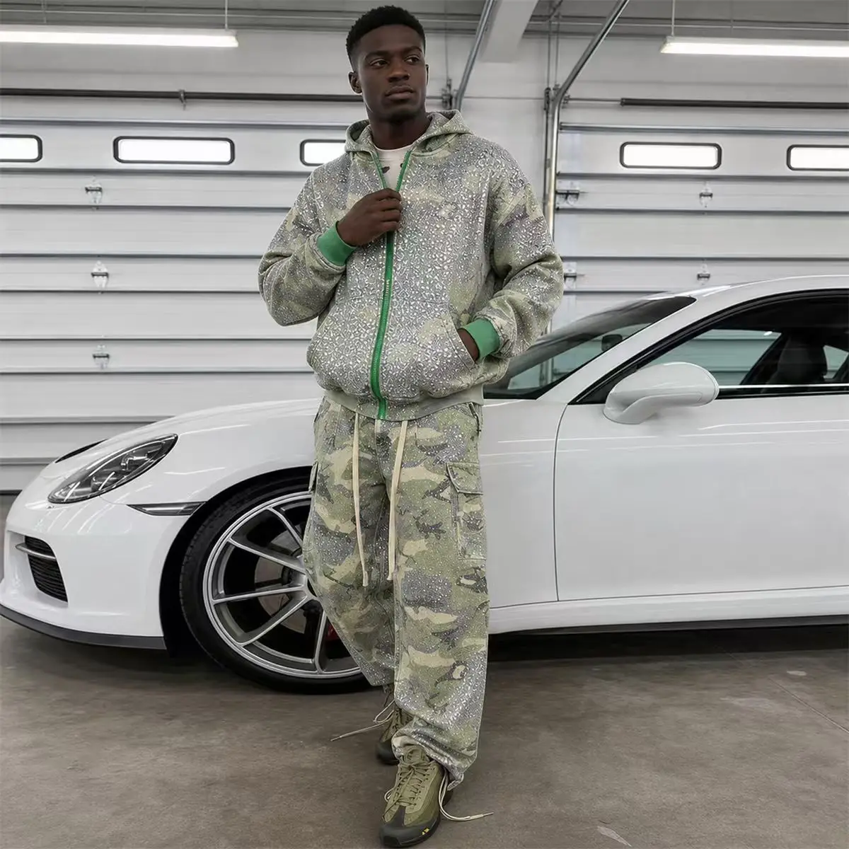 Custom Oversized Camoflouge Sweatsuit Manufacturers Camo Cargo Pants and Zip up Hoodie Jacket Set Baggy Streetwear Tracksuit Men gallery 7