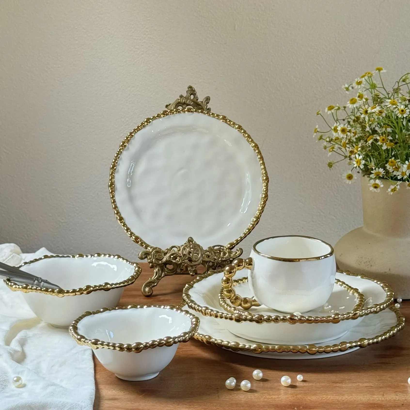 Gold Beaded Beaded Dinnerware Set Piece White Dinner Set Gold