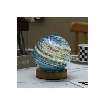 Round romantic starry night bedroom bedside lamp sunset wooden base starry sky glass night light creative planet night light