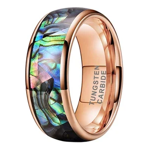 Coolstyle Jewelry 8mm Rose Gold Tungsten Ring for Men Women Wedding Band Abalone Shell Inlay Polished Shiny Domed Comfort Fit