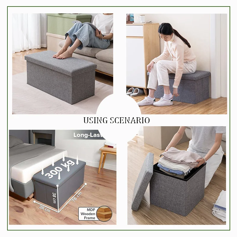 Hot-selling Modern Multifunctional Rectangle Grey Cotton Linen Folding Storage Ottoman Stool-Padded Ottoman Bedroom Apartment supplier