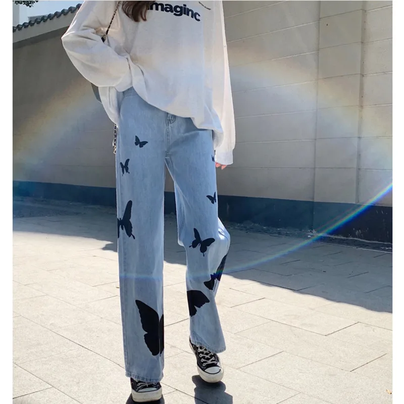 Butterfly Print High Waist Straight Washed Light Blue Denim Pants Jeans for Women Stylish