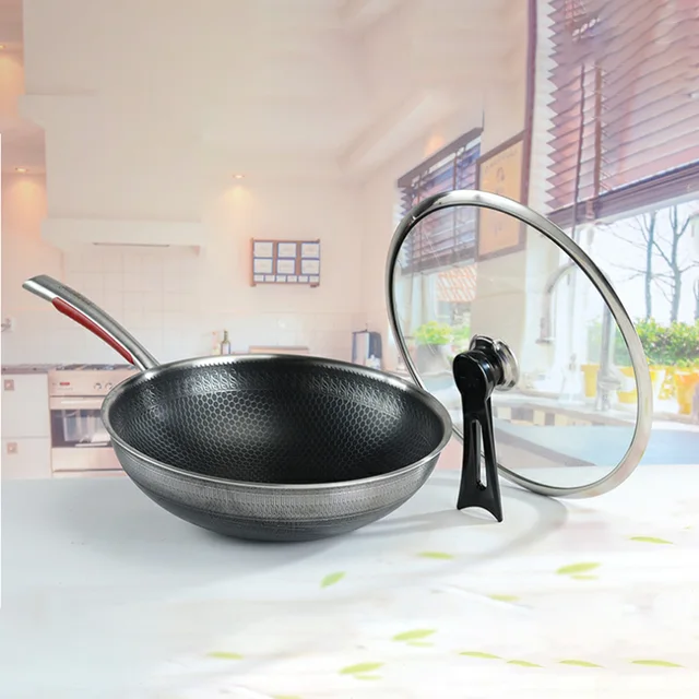 316 non stick frying pan stainless steel wok double-sided honeycomb uncoated household fried egg pancake wok pan