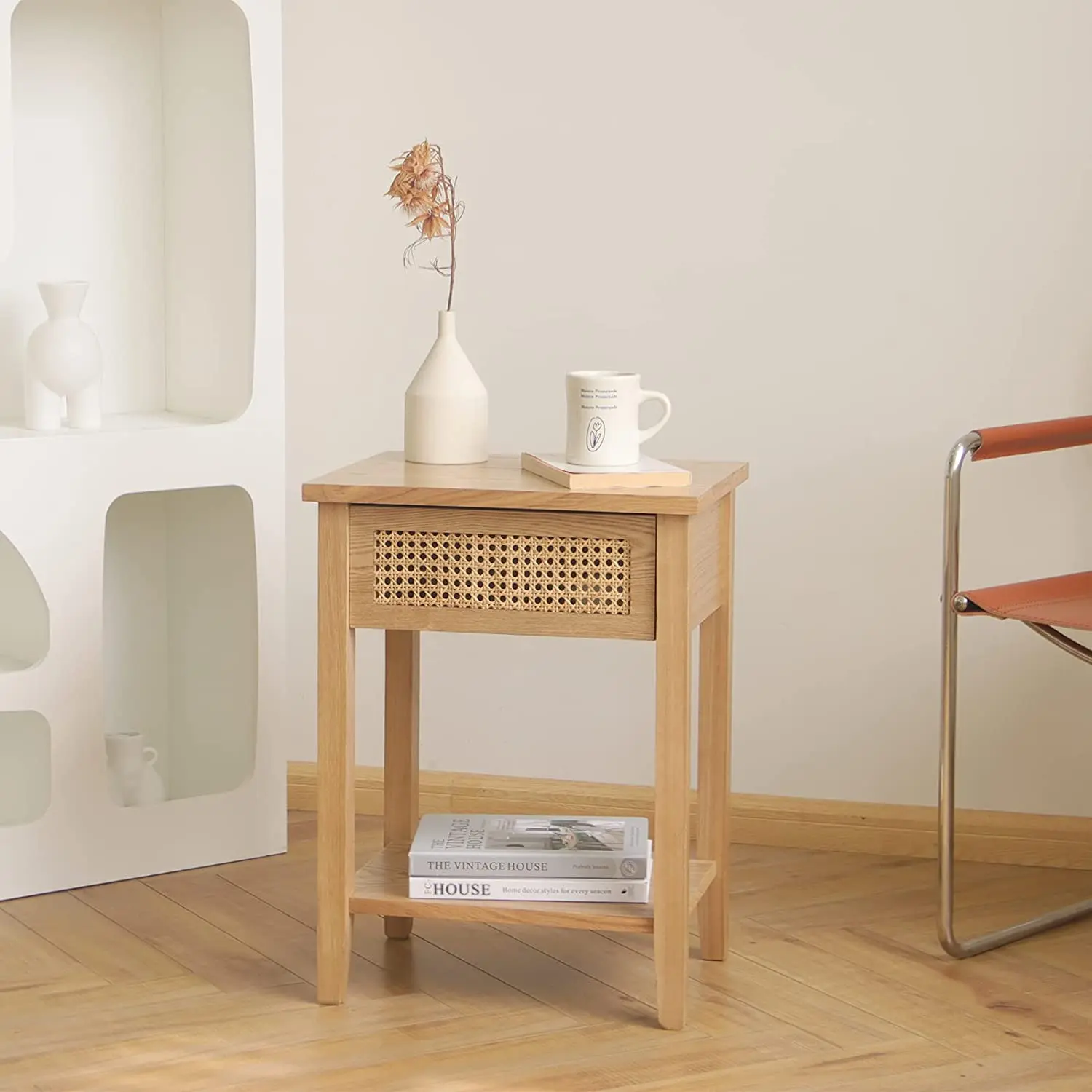 Natural Small Rattan Drawer Nightstand with Drawer and Shelf Rattan Side Table Bedroom