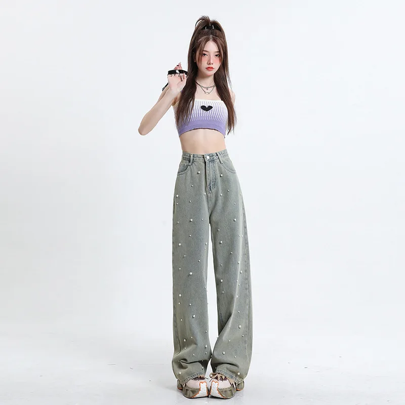 Fashion Women's Heavy Craft Pearl High Waist Straight Wide Leg Denim Pants