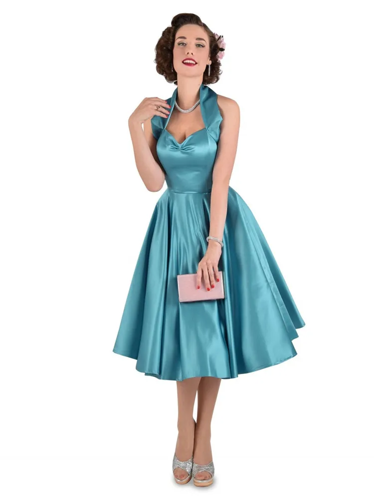 Fashion Vintage 1950s Style Halter Collar Sleeveless Solid Sateen Dress for  Women