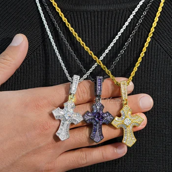 Ready Stocks China Jewelry Wholesale Gothic Cross Pendant Jewelry Affordable Rhodium Plated Purple CZ Jewelry Hip Hop Rock Gifts