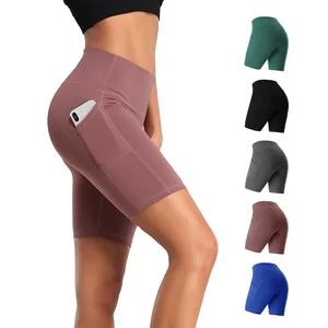 Custom LOGO High-Waisted Women's Biker Shorts Knitted Spandex Compression Workout Gym Yoga Running Shorts With Pockets