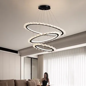 New Nordic Luxury Crystal LED Chandelier Light Modern Ring Pendant Lamp Adjustable Height for Living Dining Hotel for Rooms