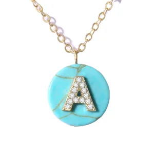 Wholesale Fashion Jewelry White Color Cubic Zirconia Letter Pendant Blue Turquoise Initial Necklace