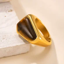 18K Gold Plated Wedding Rings Signet Ring Tiger Eye Stone Fashion Rings Gemstone Engagement Rings Stainless Steel Jewelry Rings